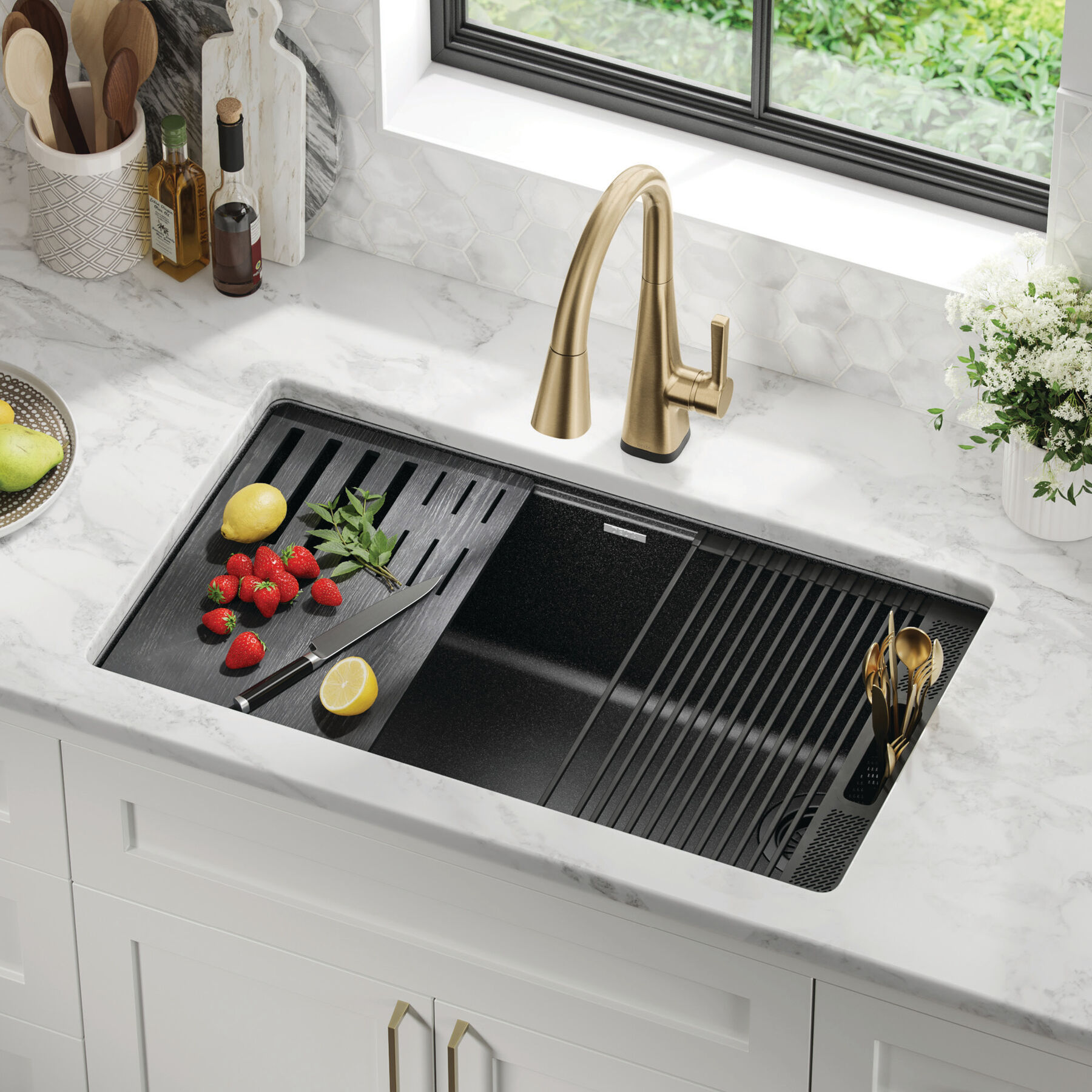 32&rdquo; Granite Composite Workstation Kitchen Sink Undermount Single Bowl with WorkFlow&trade; Ledge and Accessories